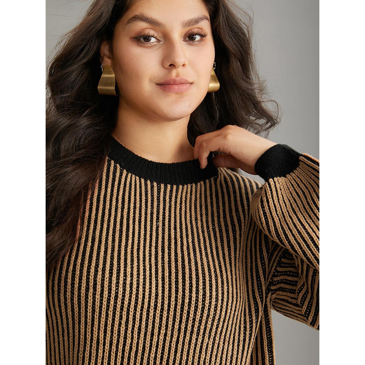 Plus Size Striped Contrast Round Neck Pullover Tan Women Casual Loose Long Sleeve Round Neck Dailywear Pullovers BloomChic 14-16/1X Product Image