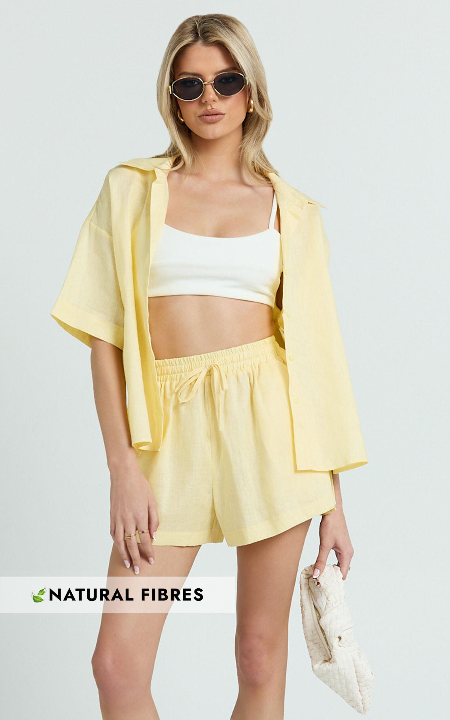 Ramona Top - Linen Short Sleeve Shirt in Lemon Product Image