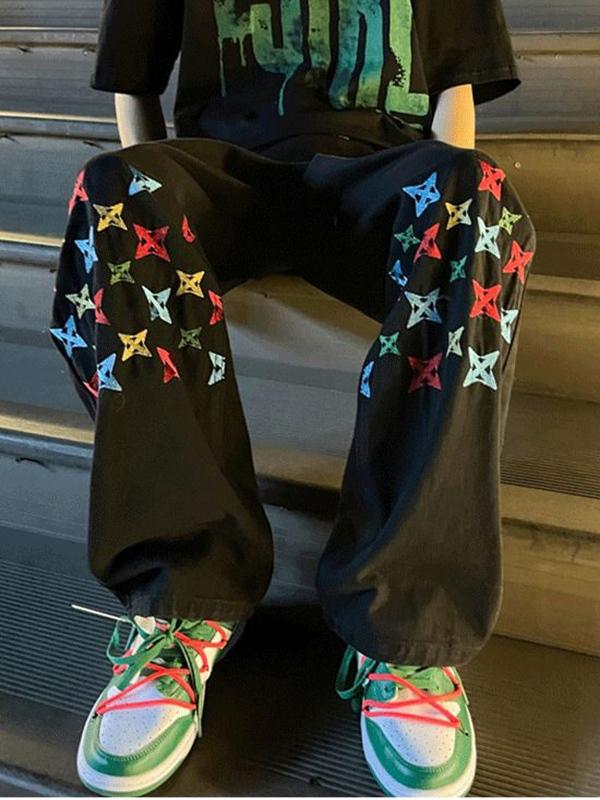 Men's Washed Colorful Embroidery Print Straight Leg Jeans Product Image