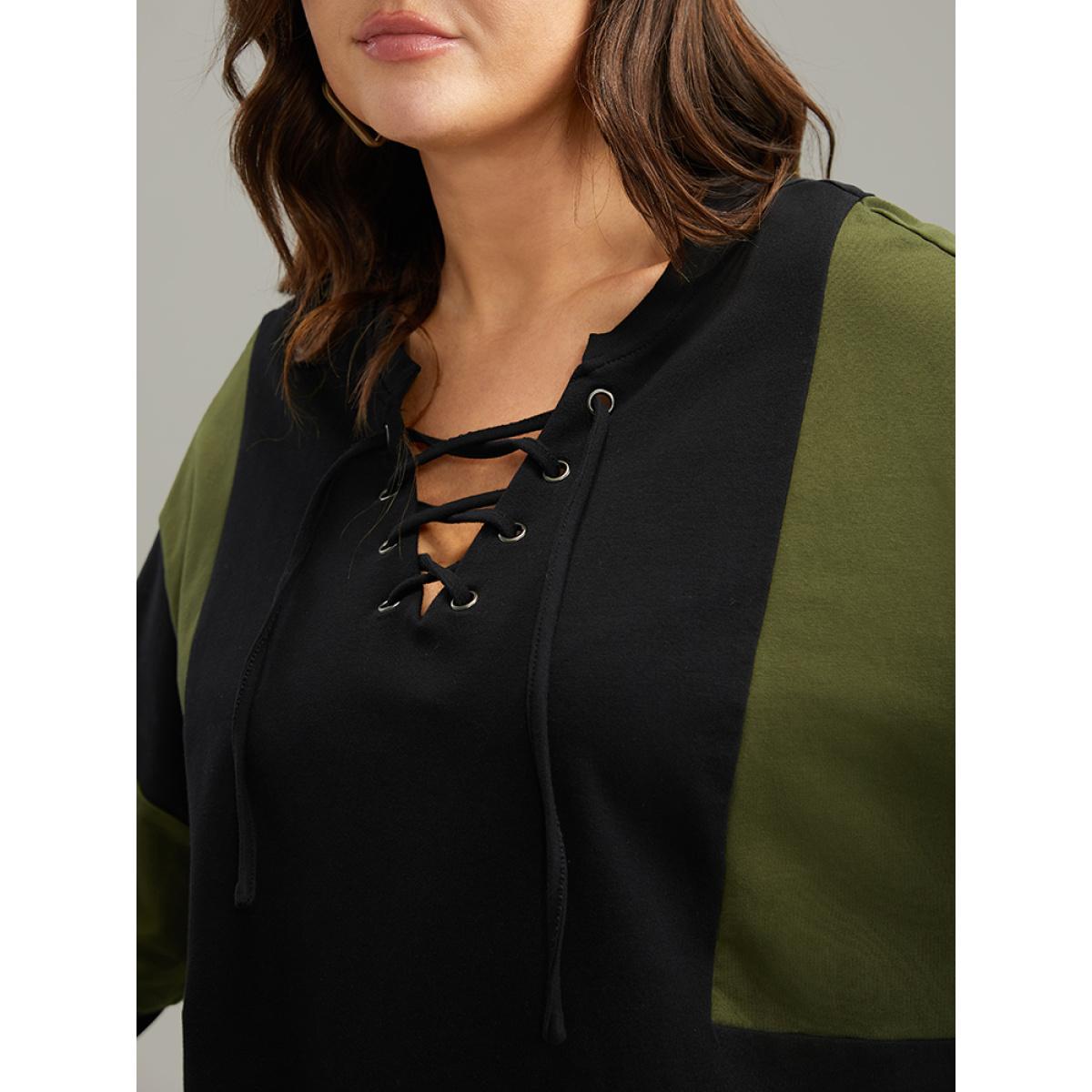 Plus Size Cotton Colorblock Contrast Lace Up Sweatshirt Women Gray Casual Elastic cuffs V-neck Dailywear Sweatshirts BloomChic 28/5X Product Image