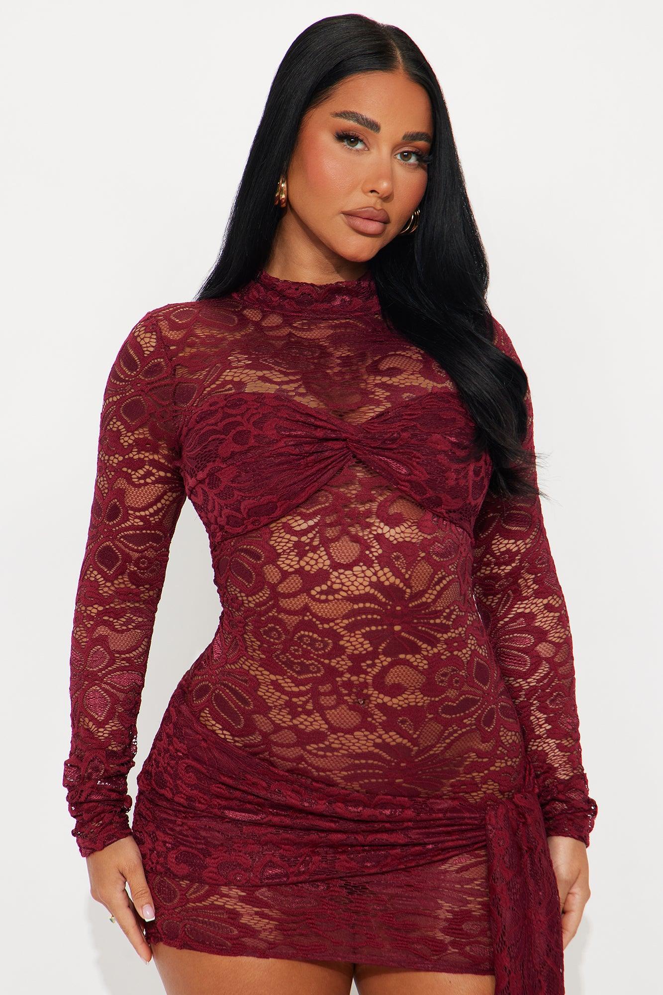 Alessia Draped Lace Mini Dress - Burgundy Female Product Image