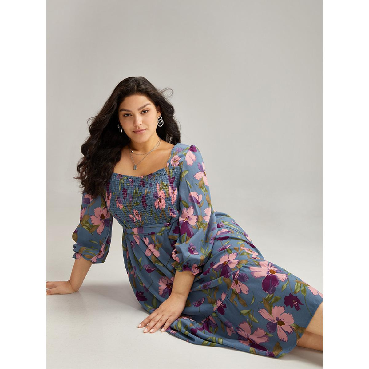 Plus Size Floral Print Puff Sleeve Belted Shirred Dress Stone Women Elegant Elastic cuffs Square Neck Long Sleeve Curvy Midi Dress BloomChic 22-24/3X Product Image