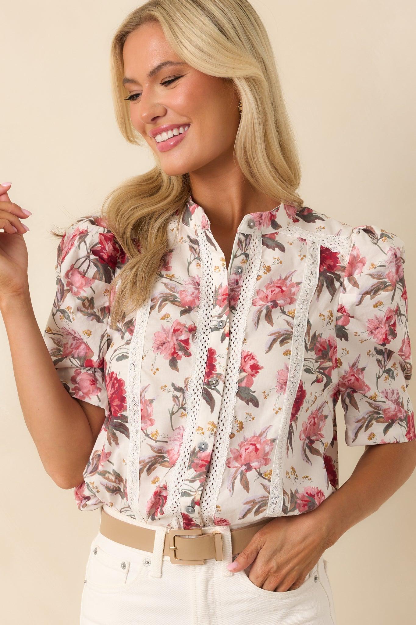 On Your Mind Pink Multi Floral Print Cotton Button Front Top L / White Product Image