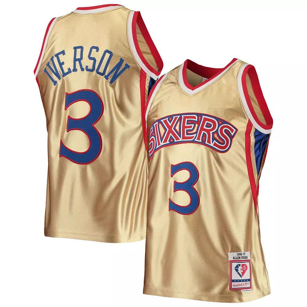 Men's Mitchell & Ness Allen Iverson Gold Philadelphia 76ers 75th Anniversary 1996/97 Hardwood Classics Swingman Jersey, Size: XL, 76r Gold Product Image