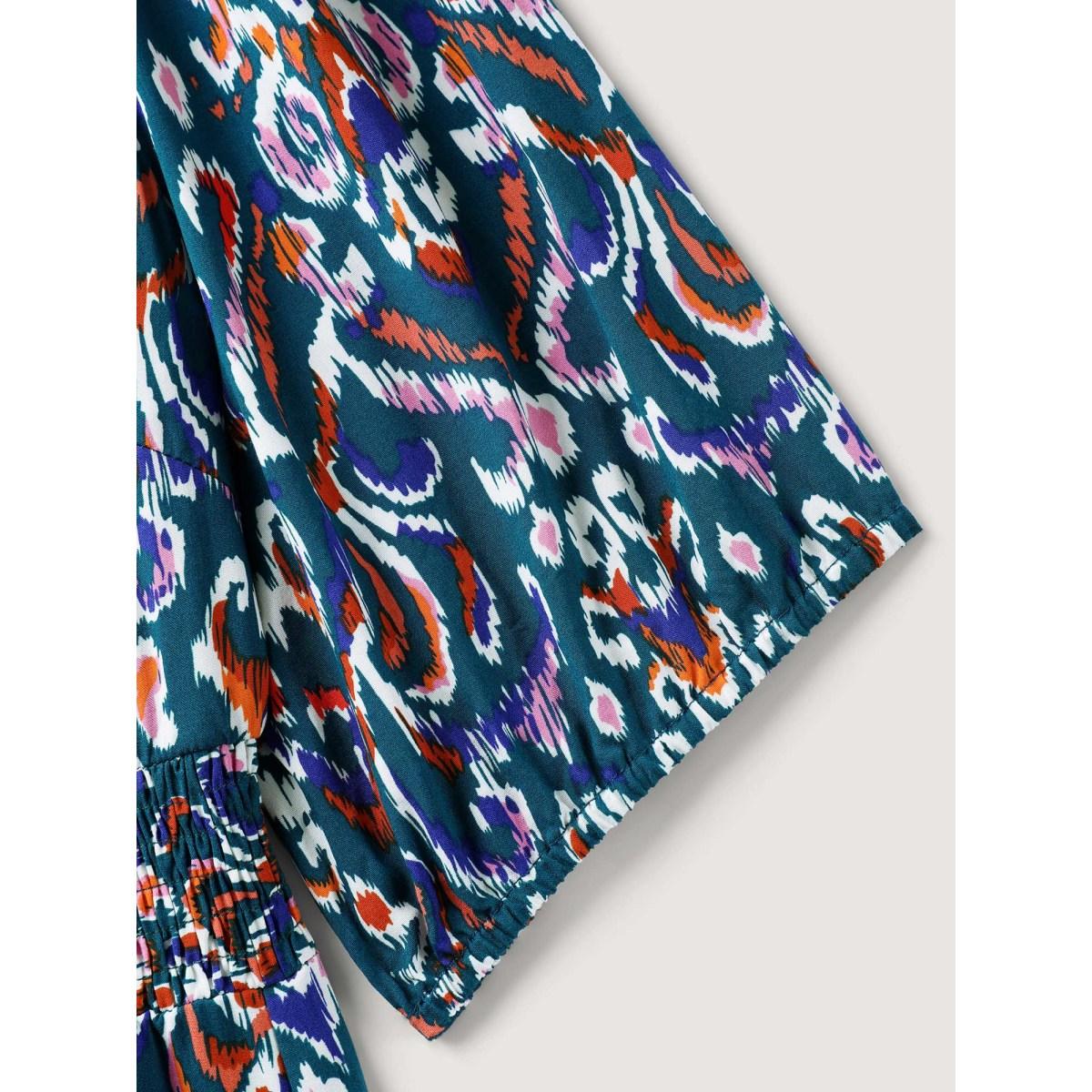 Plus Size Abstract Print Shirred Waist Midi Dress Aegean Women Boho Flat collar with V-notch Half Sleeve Curvy BloomChic 28/5X Product Image