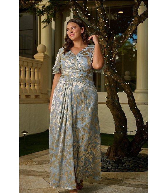 Adrianna Papell Plus Size V-Neck Flutter Sleeve Foil Leaf Printed Gown Product Image