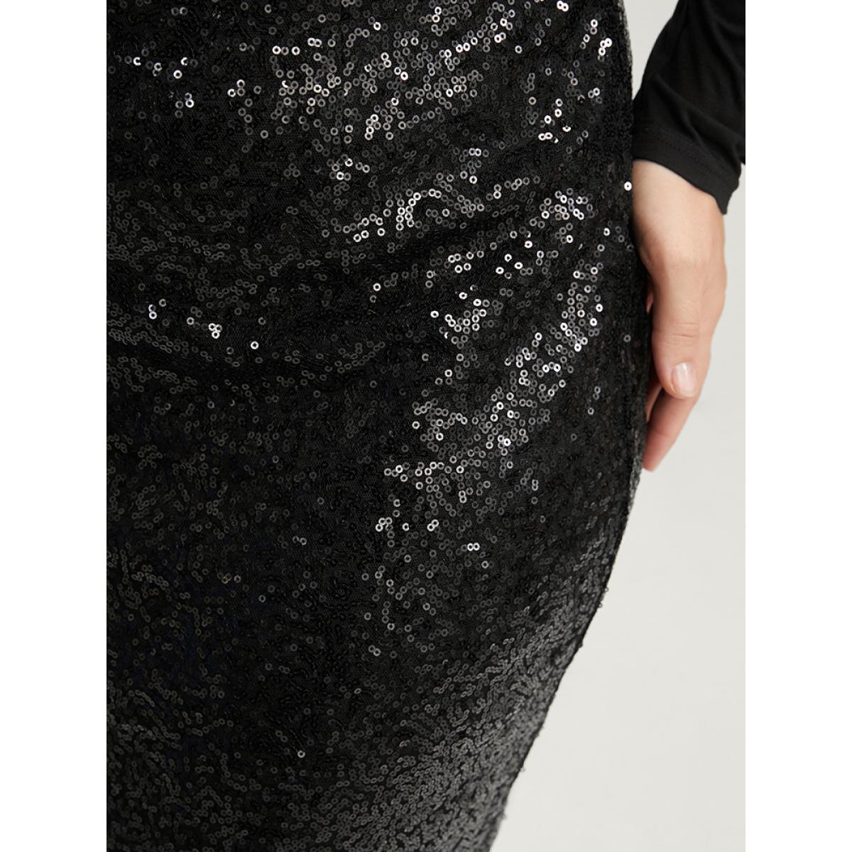 Plus Size Solid Sequin Zipper Split Hem Skirt Women Black Party Plain Bodycon Low stretch Going out Skirts BloomChic 26/4X Product Image