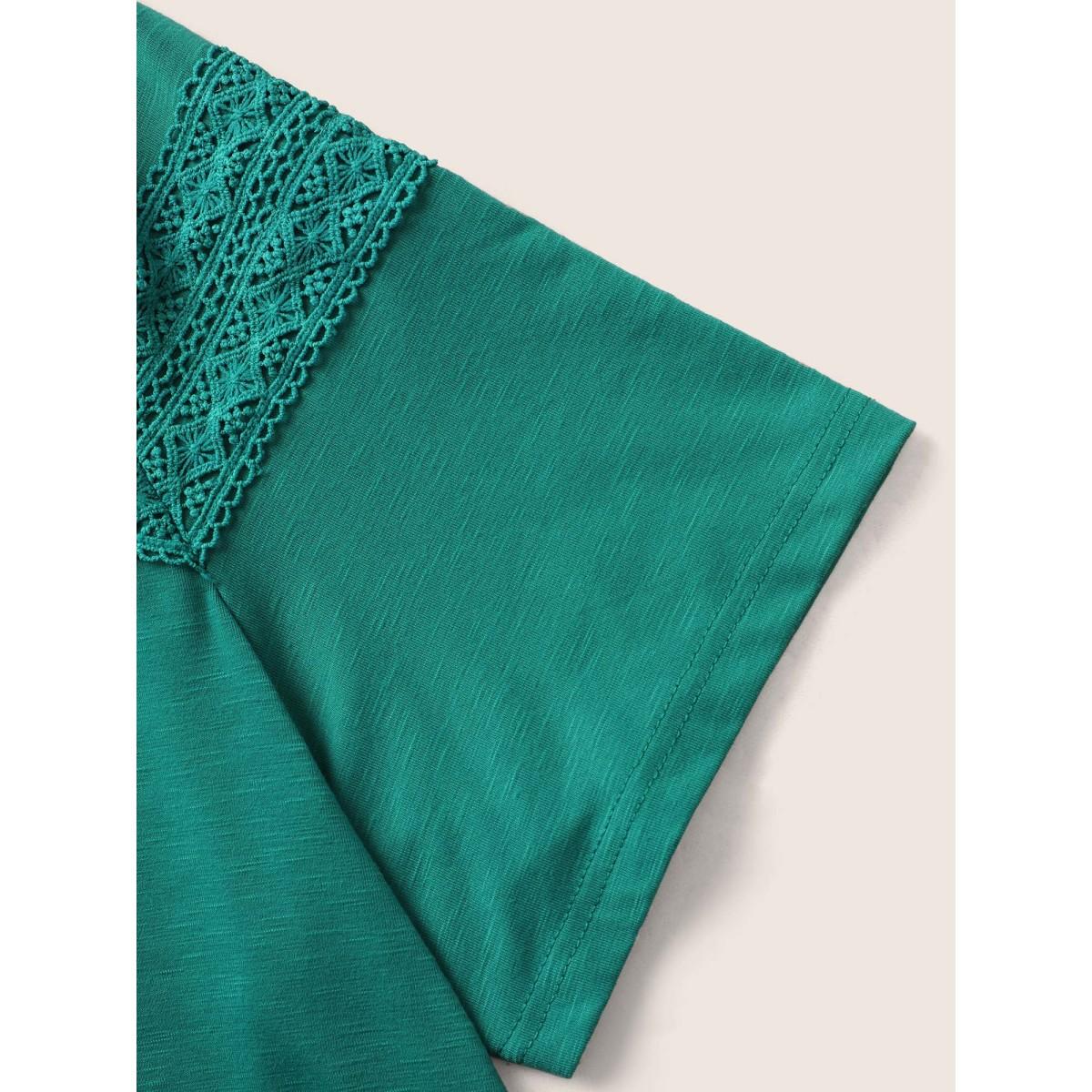 Plus Size Plain V Neck Lace Panel T-shirt Teal Women Resort Patchwork V-neck Vacation T-shirts BloomChic 12/L Product Image