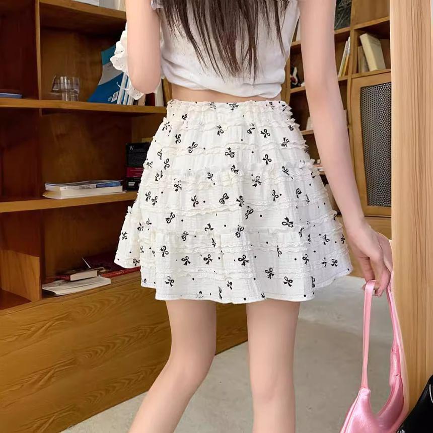 High Rise Bow Print Mini A-Line Skirt Product Image