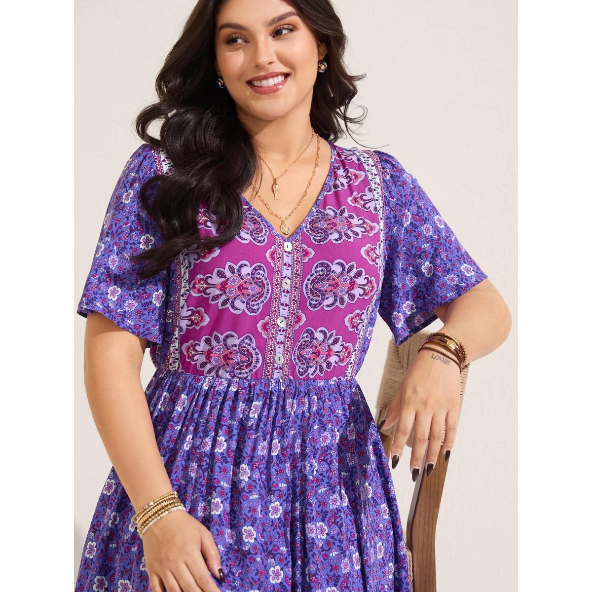 Plus Size Rayon Floral Print Color Contrast Midi Dress BlueViolet Women Boho V-neck Short sleeve Curvy BloomChic 10/M Product Image
