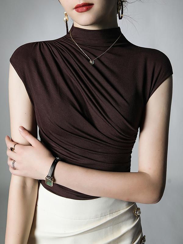 Skinny Pleated Solid Color Mock Neck T-Shirts Tops Product Image