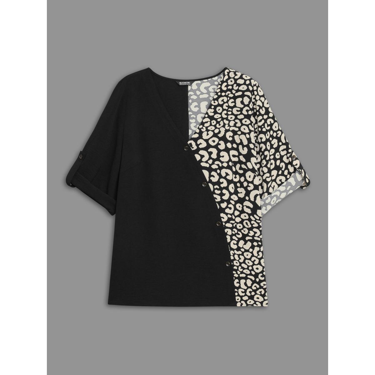 Plus Size Black Leopard Print Spliced Tab Sleeve Blouse Women Elegant Extra Long Sleeve V-neck Everyday Blouses BloomChic 22-24/3X Product Image