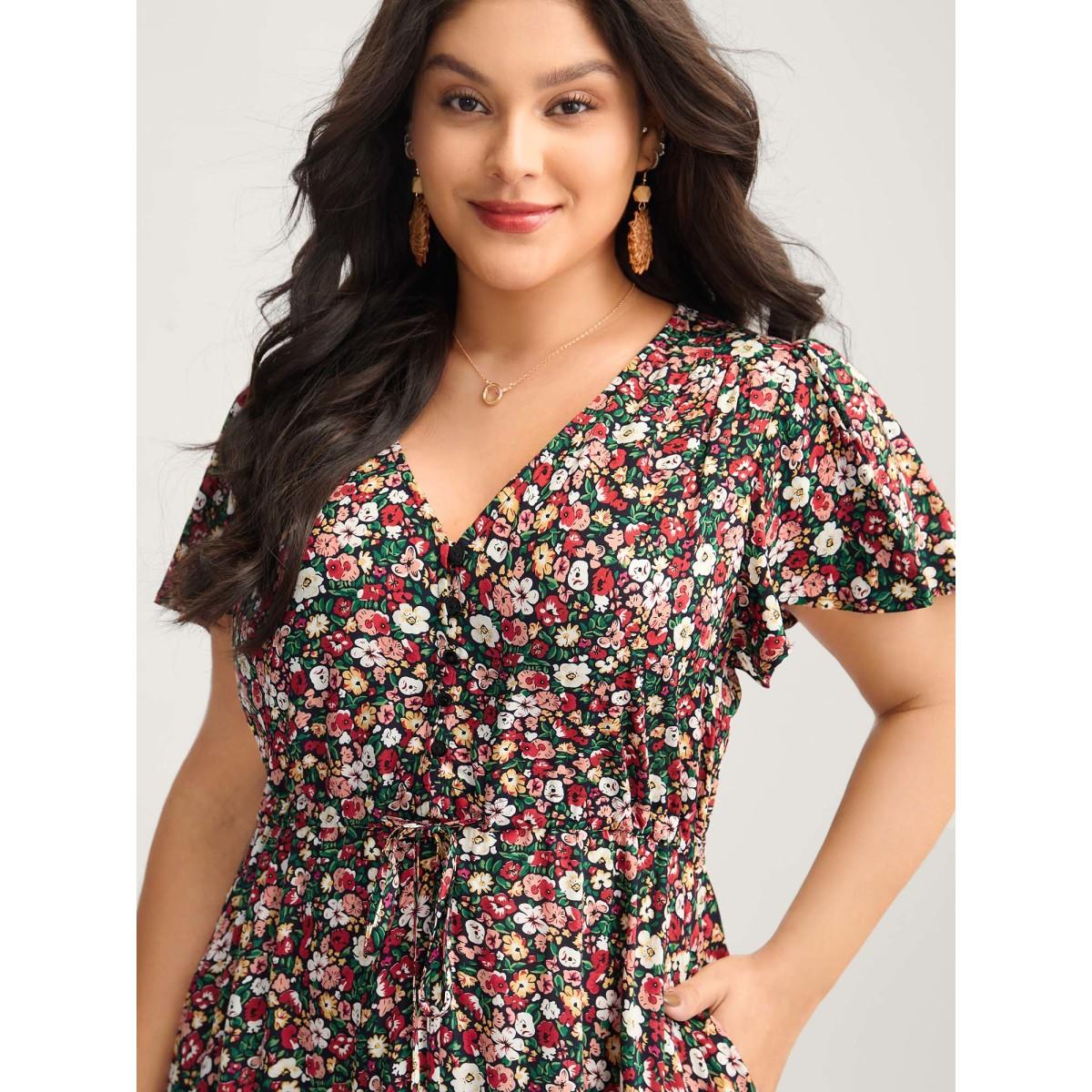 Plus Size Floral Print Waist-Tie Midi Dress Black Women Playful V-neck Cap Sleeve Curvy BloomChic 30/6X Product Image