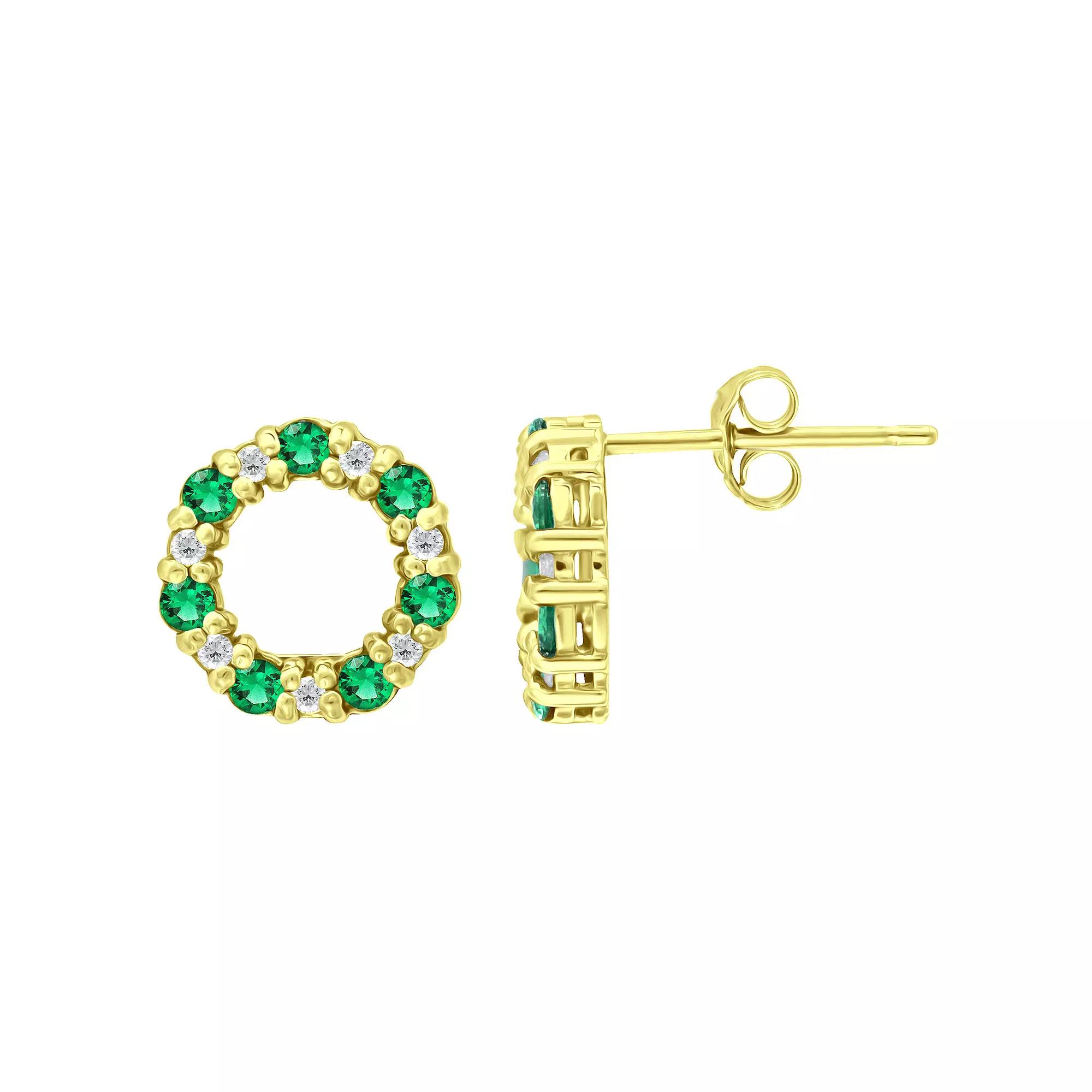 Aleure Precioso Sterling Silver Cubic Zirconia Circle Stud Earrings, Women's, Gold Tone Green Product Image