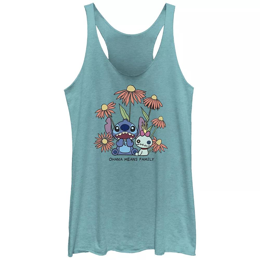 Disney's Lilo & Stitch Ohana Means Family Flower Background Juniors' Tri-Blend Racerback Tank Top, Girl's,  Product Image