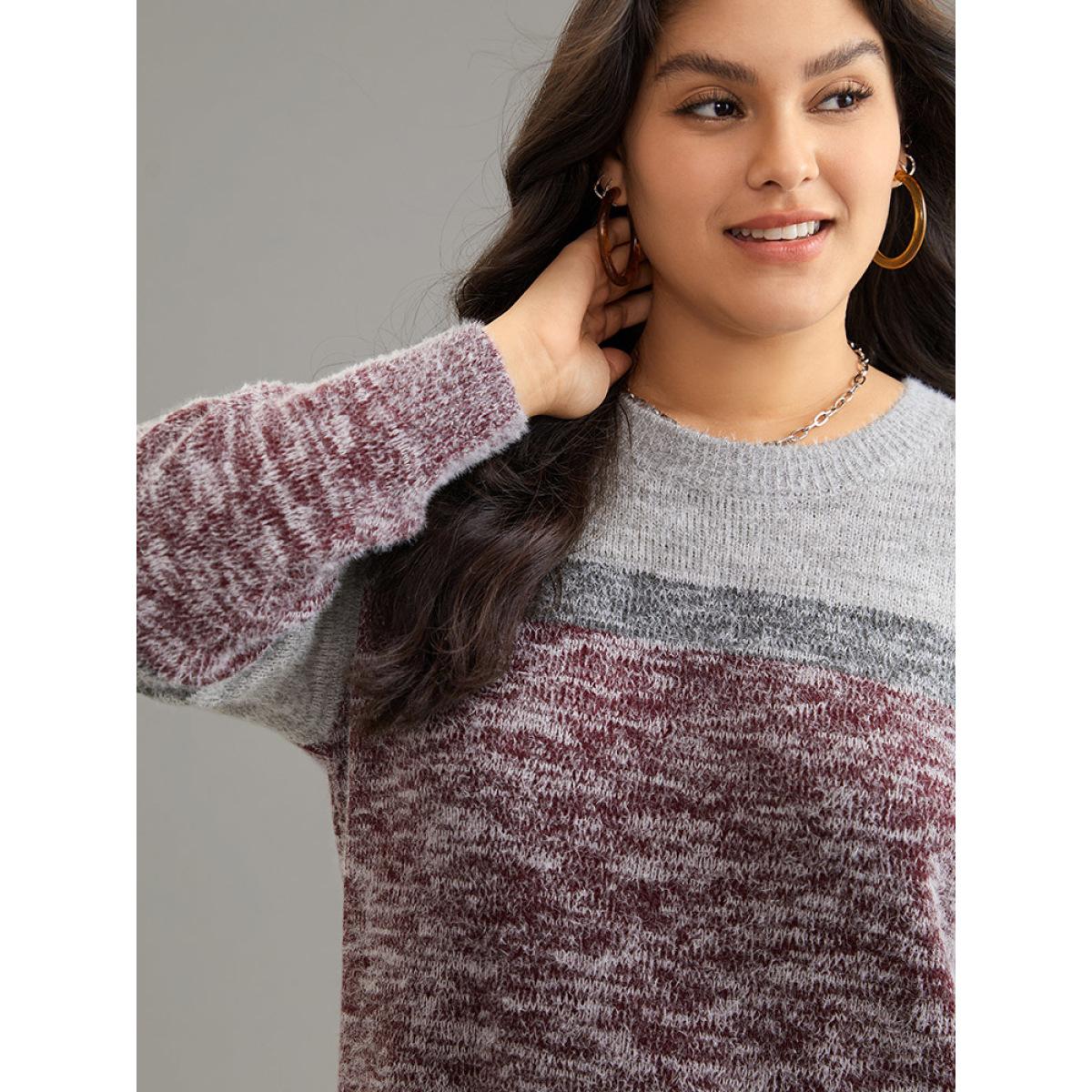 Plus Size Heather Contrast Crew Neck Drop Shoulder Pullover Burgundy Women Casual Loose Long Sleeve Round Neck Dailywear Pullovers BloomChic 10/M Product Image