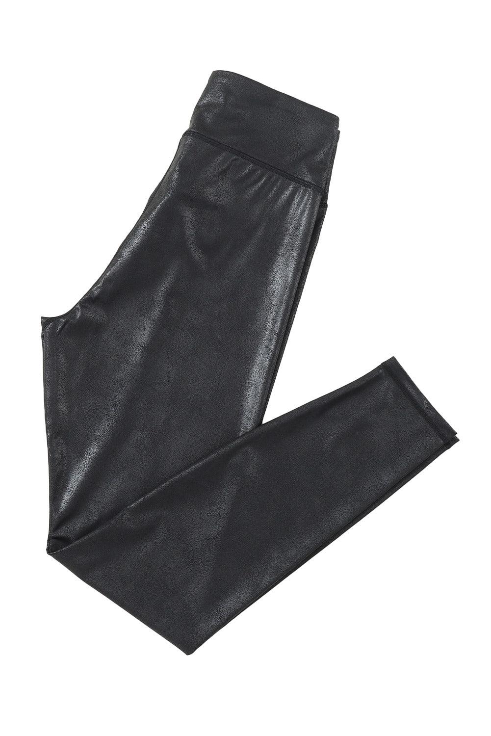 Black Crossed Dip Waist Sleek Leather Leggings Product Image