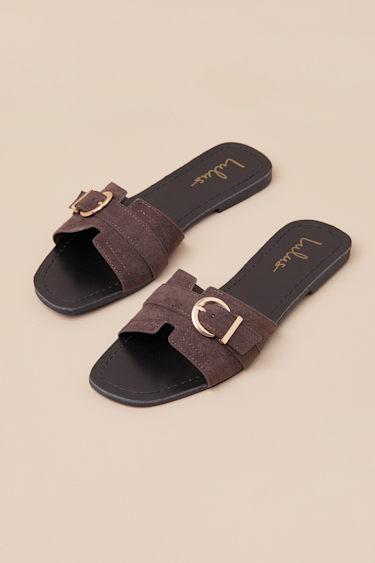 Edetta Chocolate Suede Buckle Slide Sandals Product Image