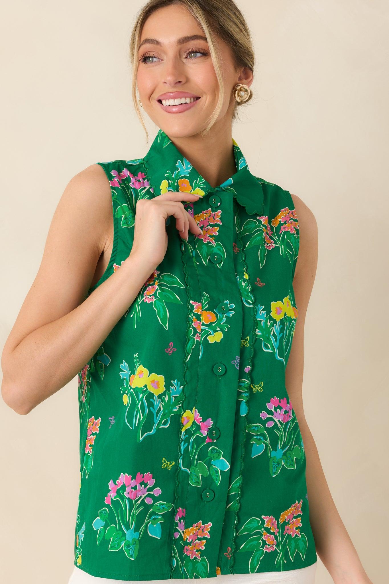 Prosperina Hope Green Multi Floral Cotton Sleeveless Top Product Image
