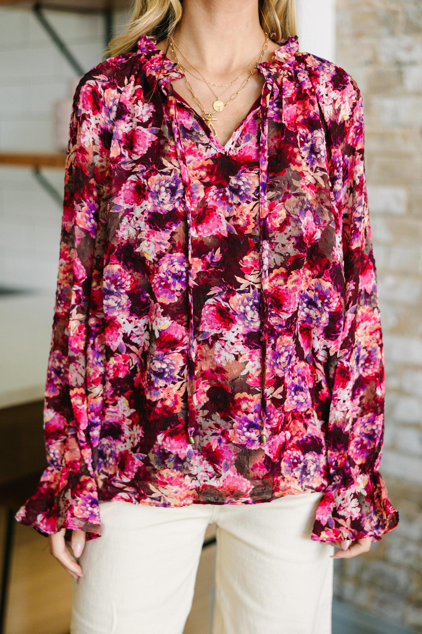 Open Your Eyes Burgundy Red Floral Blouse Female Product Image