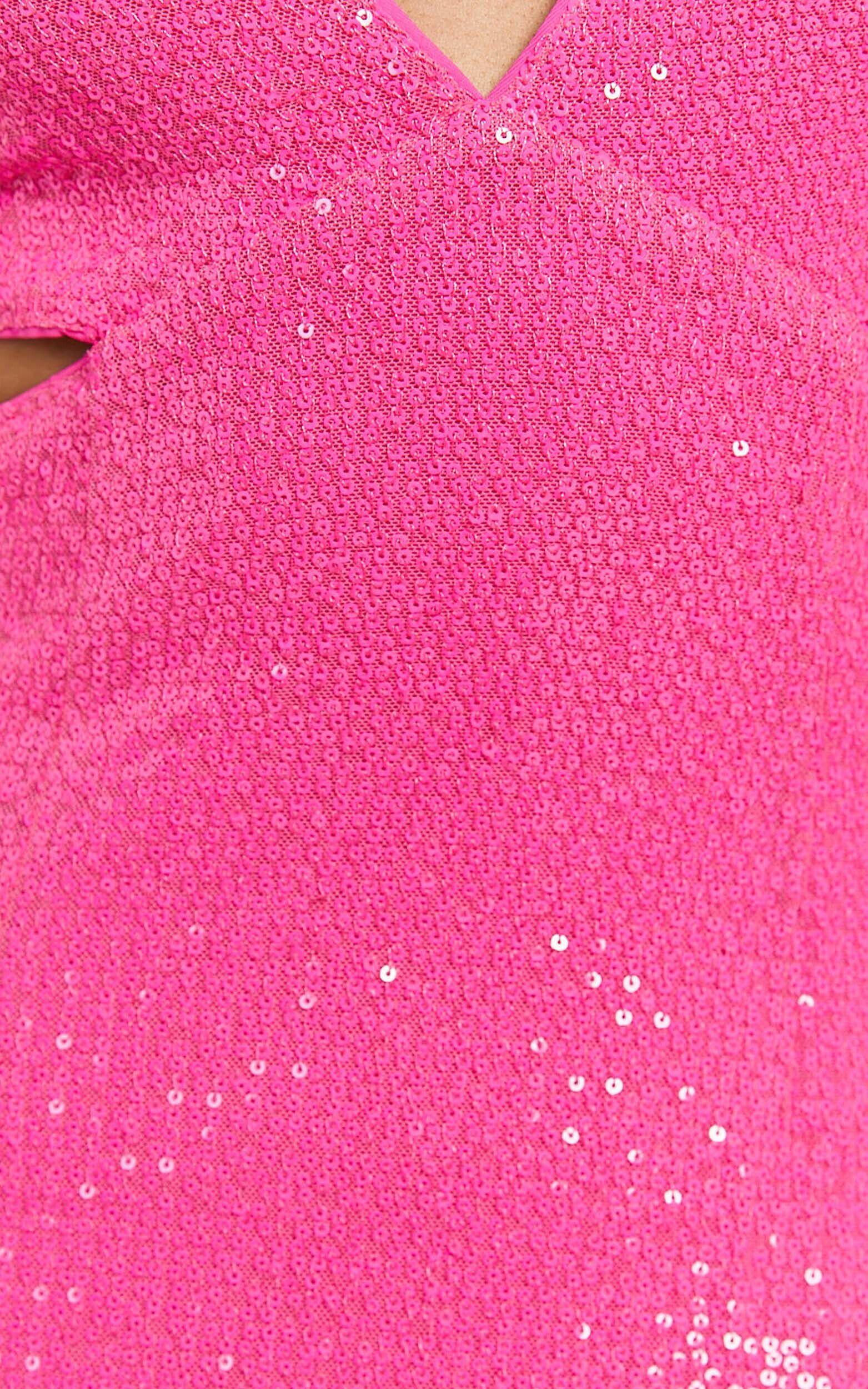 Nerissa Maxi Dress - Sequin Plunge Cut Out Thigh Split Dress in Hot Pink Product Image