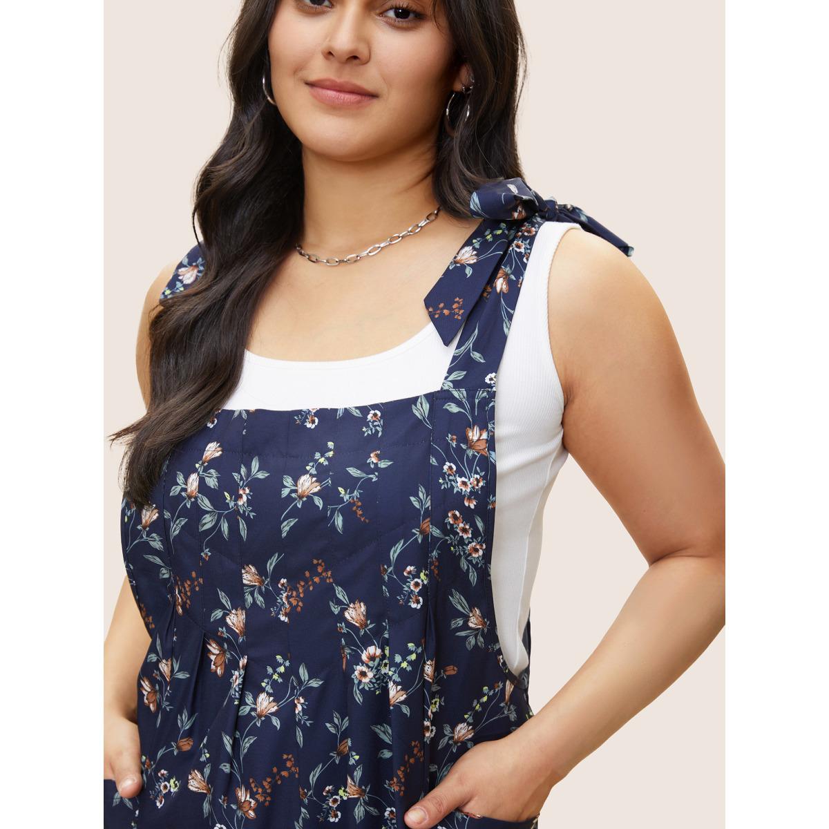 Plus Size Indigo Ditsy Floral Pleated Ties Spaghetti Strap Jumpsuit Women Casual Sleeveless Spaghetti Strap Everyday Loose Jumpsuits BloomChic 28/5X Product Image