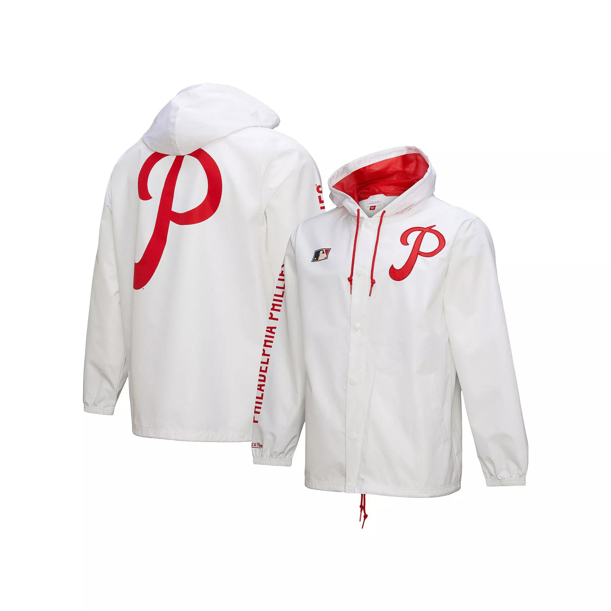 Men's Mitchell & Ness White Philadelphia Phillies Vintage Full-Snap Hooded Coaches Jacket, Size: 4XL Product Image