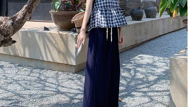 Maternity Set: Sleeveless Round Neck Plaid Peplum Top + Drawstring Waist Panel Wide Leg Pants Product Image