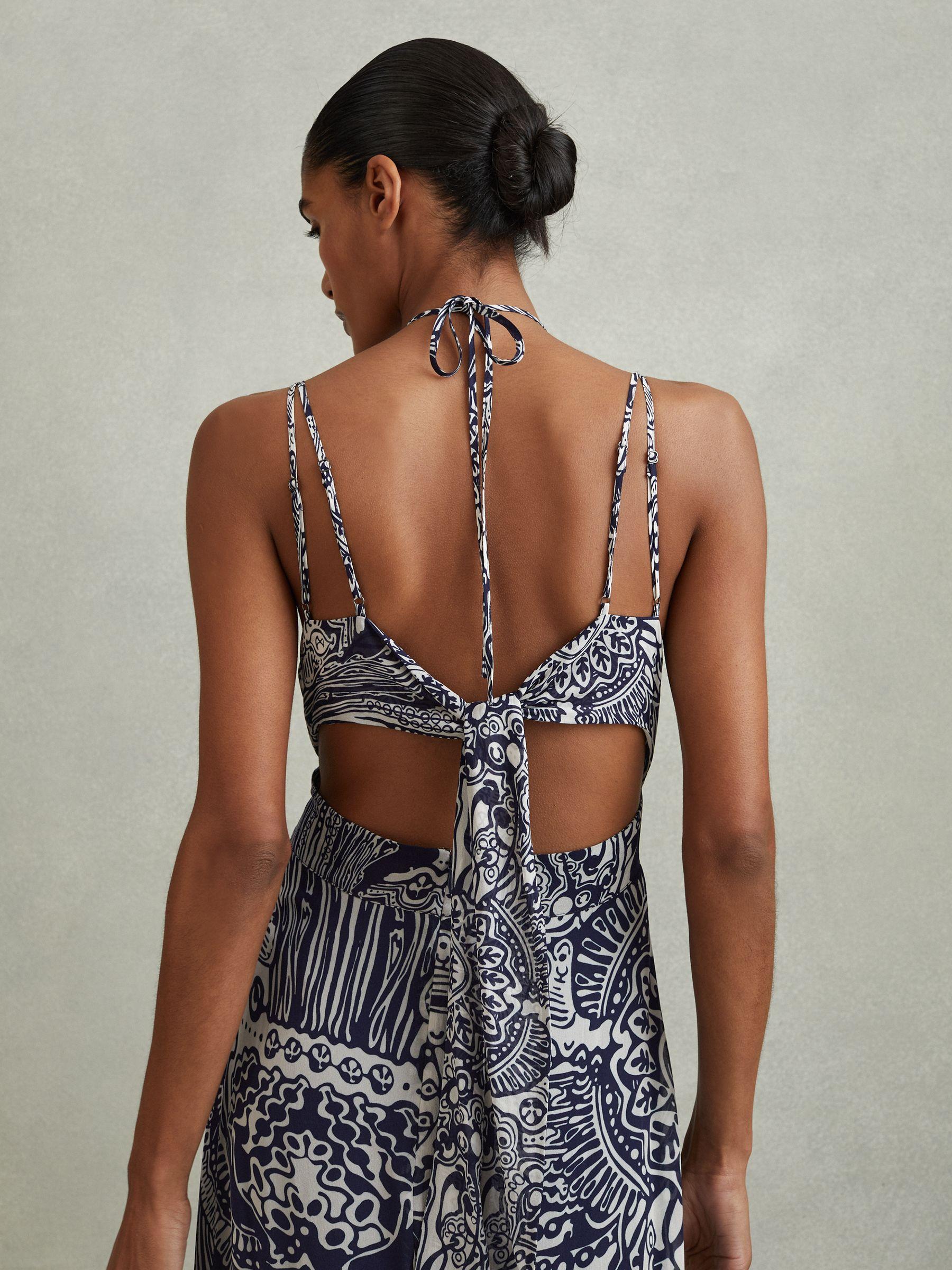 Printed Strappy Resort Midi Dress in Navy Product Image