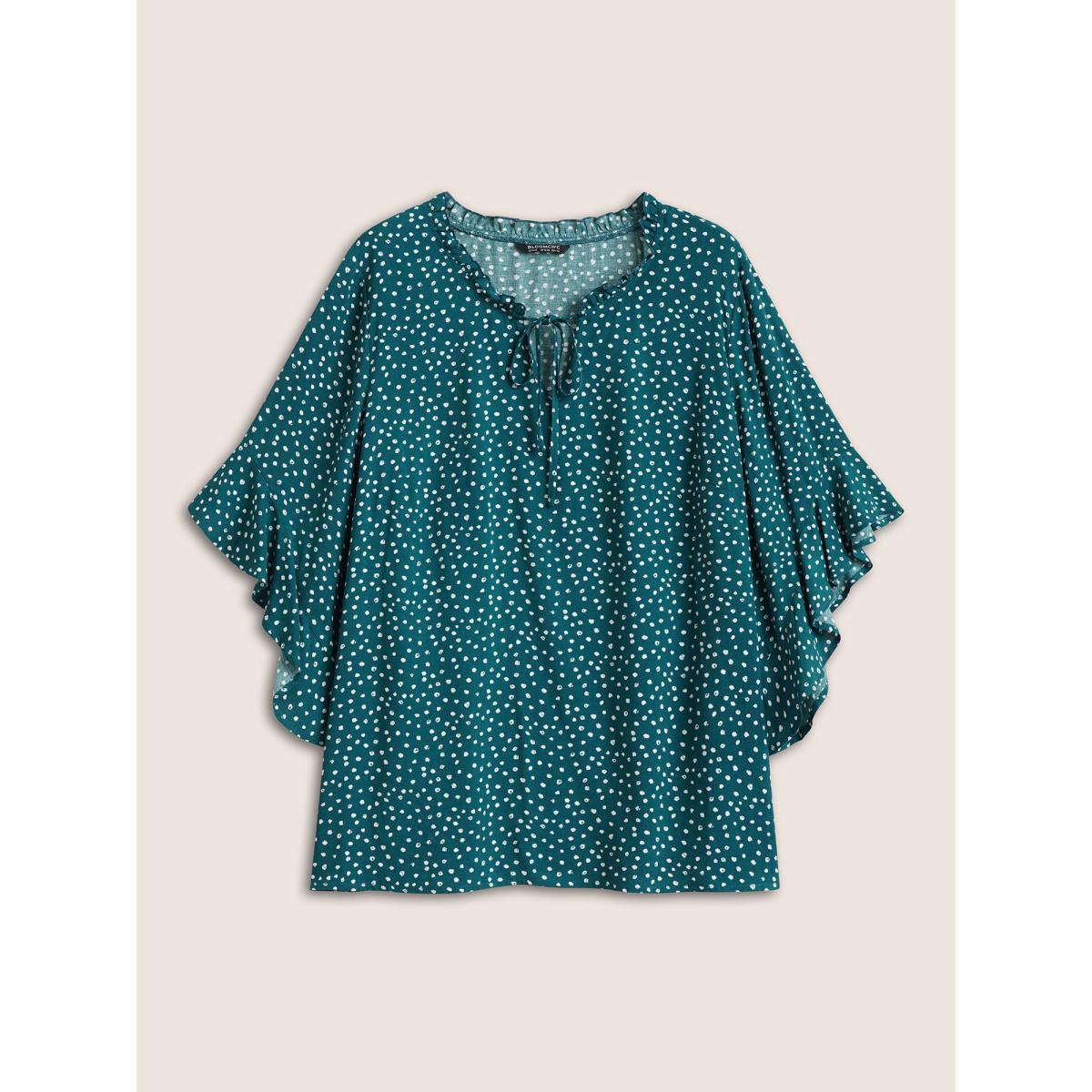 Plus Size Emerald Tie Neck Polka Dot Patchwork Ruffle Sleeve Blouse Women Elegant Half Sleeve V-neck Everyday Blouses BloomChic 12/L Product Image