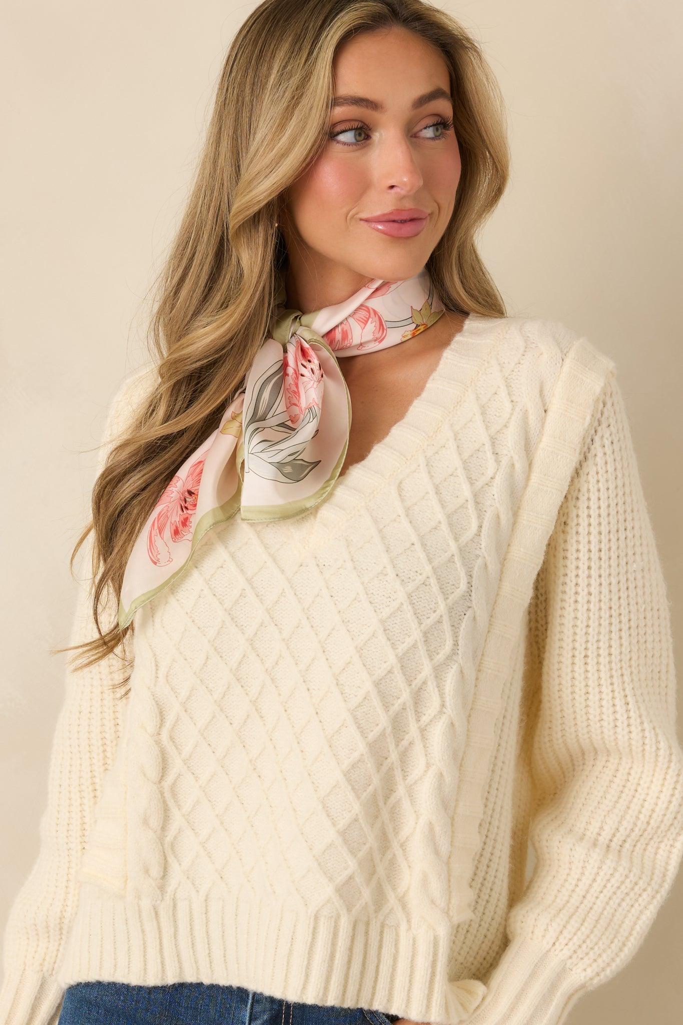 Softly Structured Ivory Knit Textured Panel V-Neck Sweater Product Image