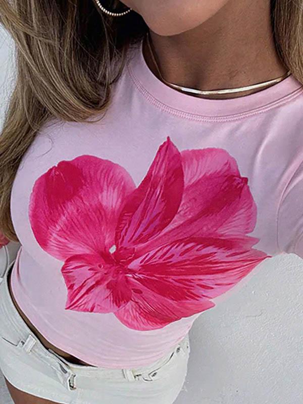 Short Sleeves Skinny Flower Print Round-Neck T-Shirts Tops Product Image