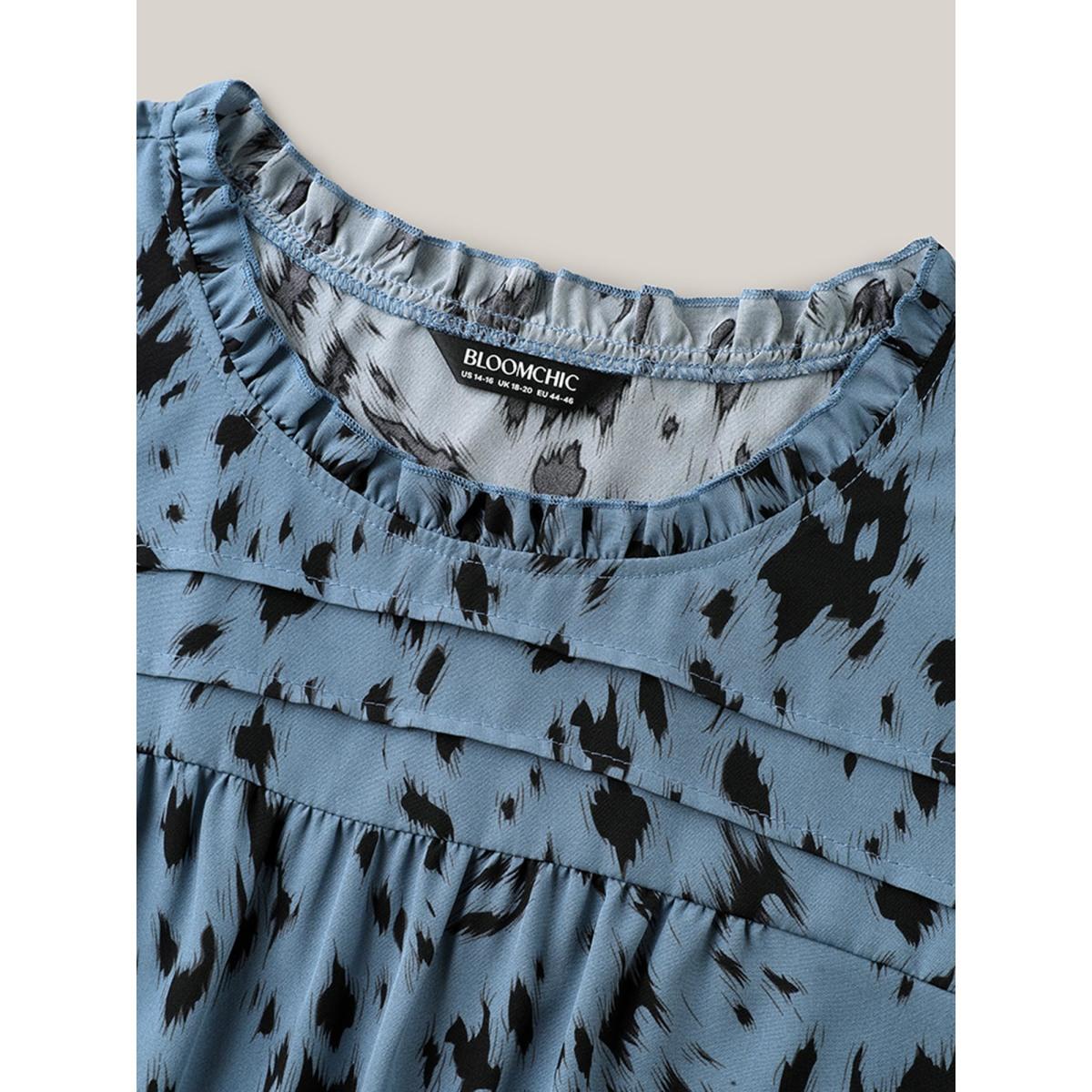 Plus Size Stone Leopard Print Toothpick Pleat Blouse Women Office Short sleeve Round Neck Office Blouses BloomChic 12/L Product Image