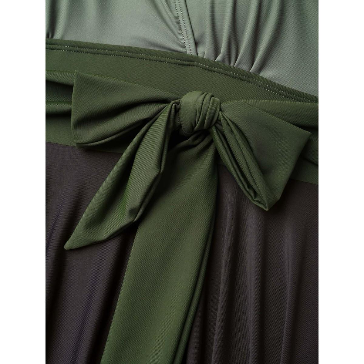 Plus Size Color-Block Panelled Waist-Tie Swim Dress Women's Swimwear ArmyGreen Beach Bodycon Overlap Collar High stretch Curve Swim Dresses BloomChic 18-20/2X Product Image