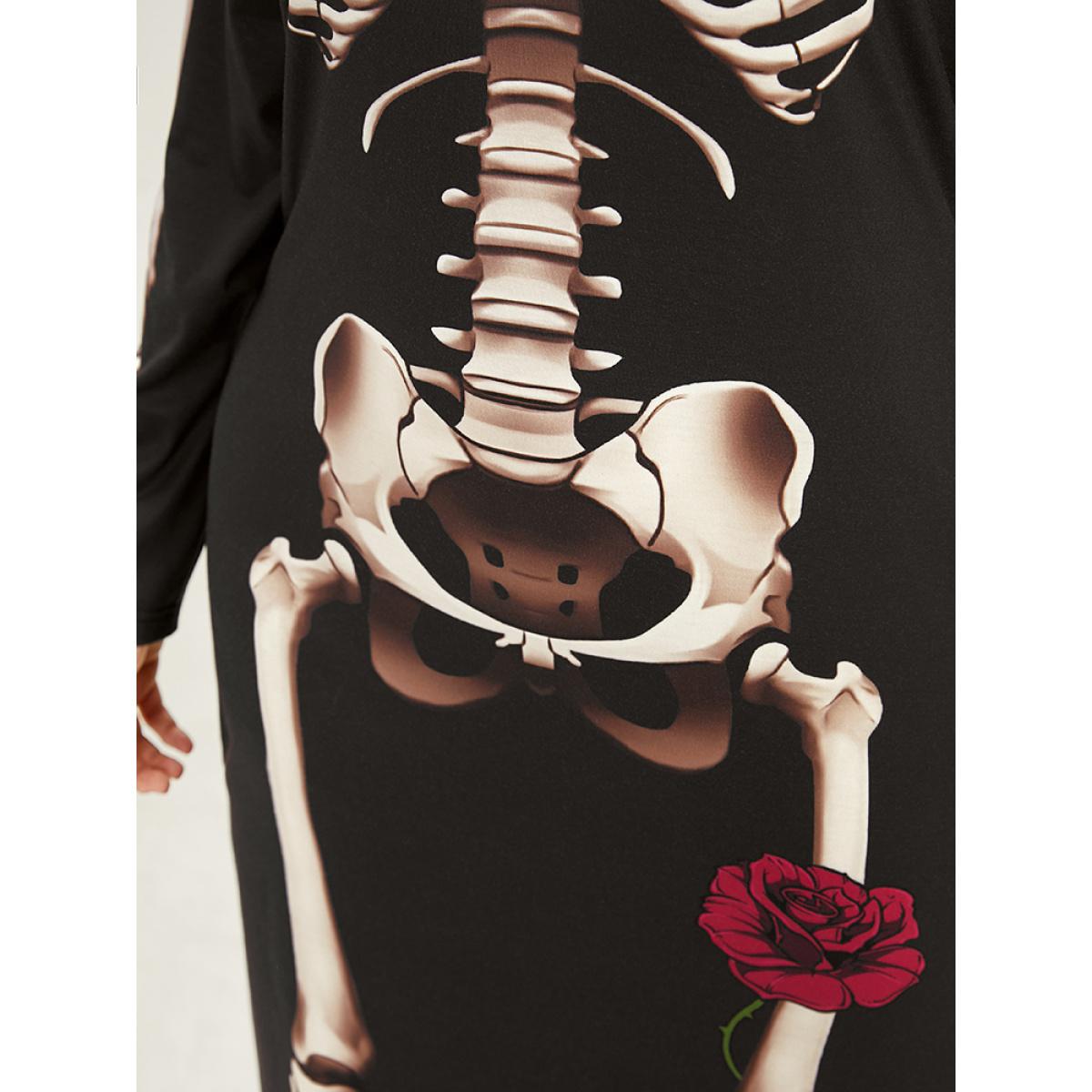 Plus Size Halloween Mock Neck Skull Print Split Hem Dress Black Women Casual Printed Mock Neck Long Sleeve Curvy Midi Dress BloomChic 18-20/2X Product Image
