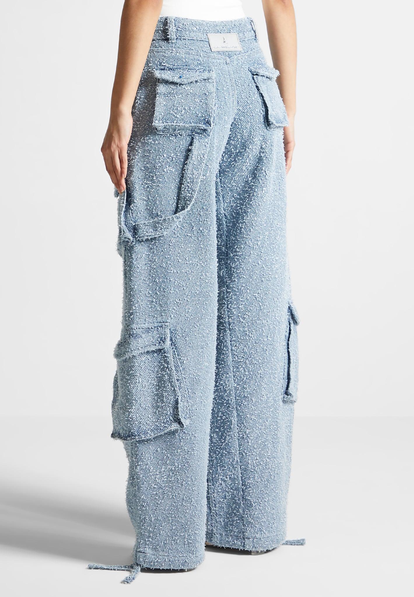 Anne - High Waisted Boucle Denim Cargo Pants - Mid Blue Female Product Image