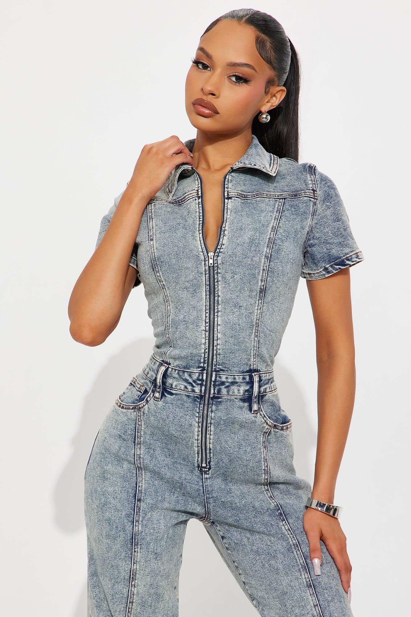Concrete Jungle Denim Short Sleeve Jumpsuit - Light Wash Female Product Image