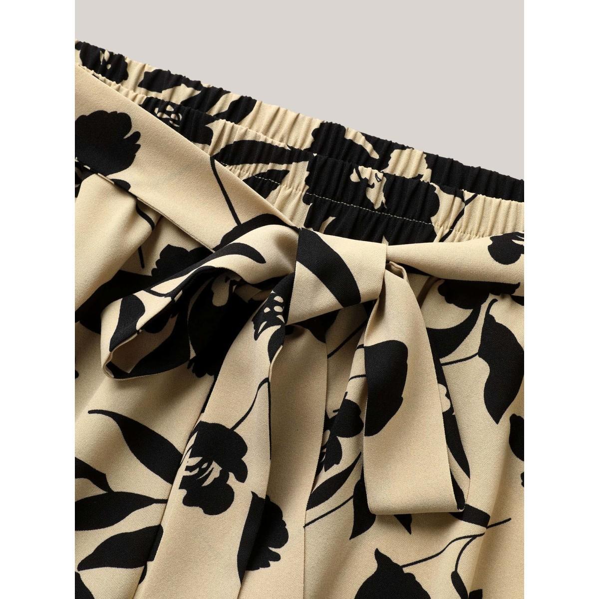 Plus Size Silhouette Floral Print Ties Side Seam Pocket Pants Women Champagne Elegant Wide Leg High Rise Everyday Pants BloomChic 10/M Product Image