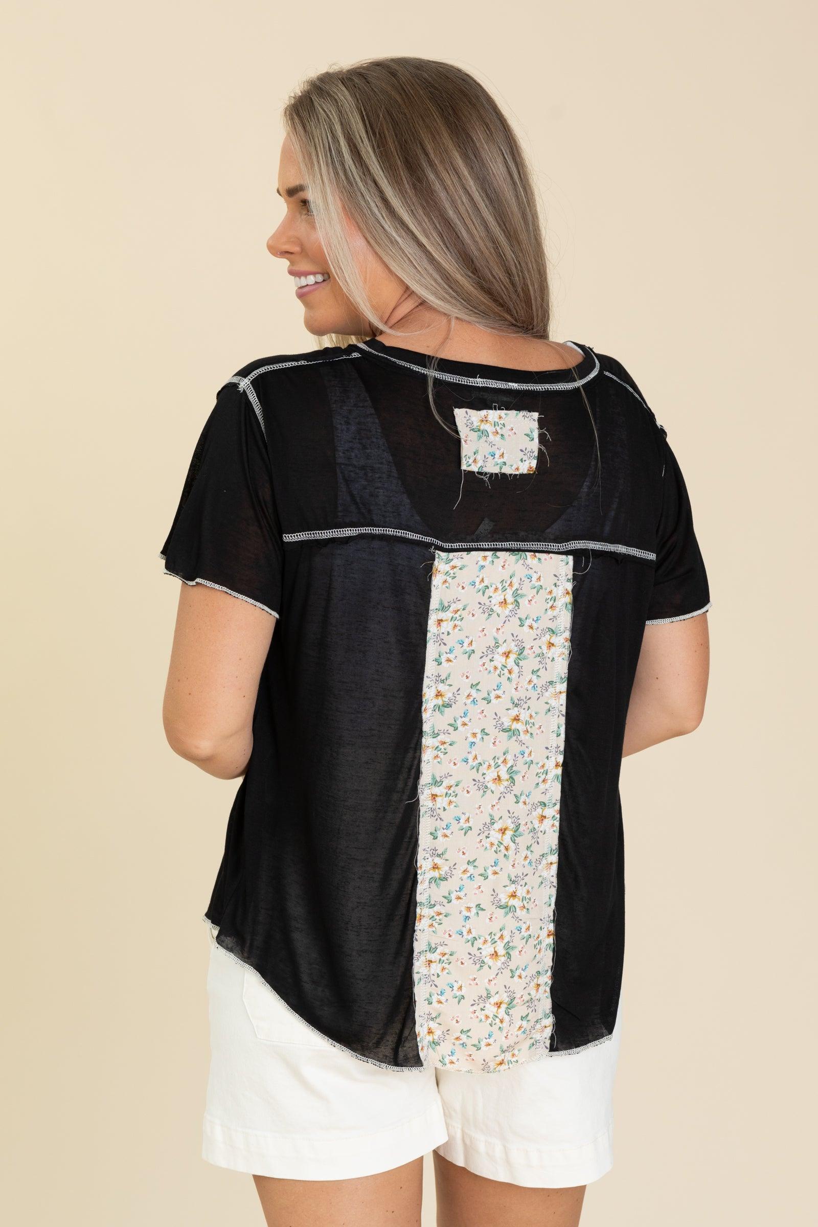 V-Neck Contrast Seam Mixed Print Top Product Image