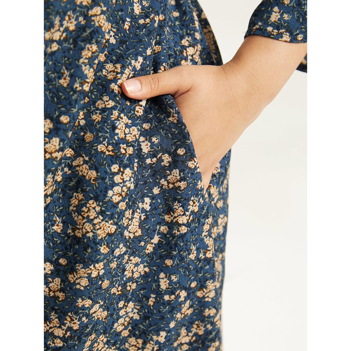 Plus Size Ditsy Floral Ruched Puff Sleeve Dress Aegean Women Elegant Printed V-neck Elbow-length sleeve Curvy Midi Dress BloomChic 28/5X Product Image