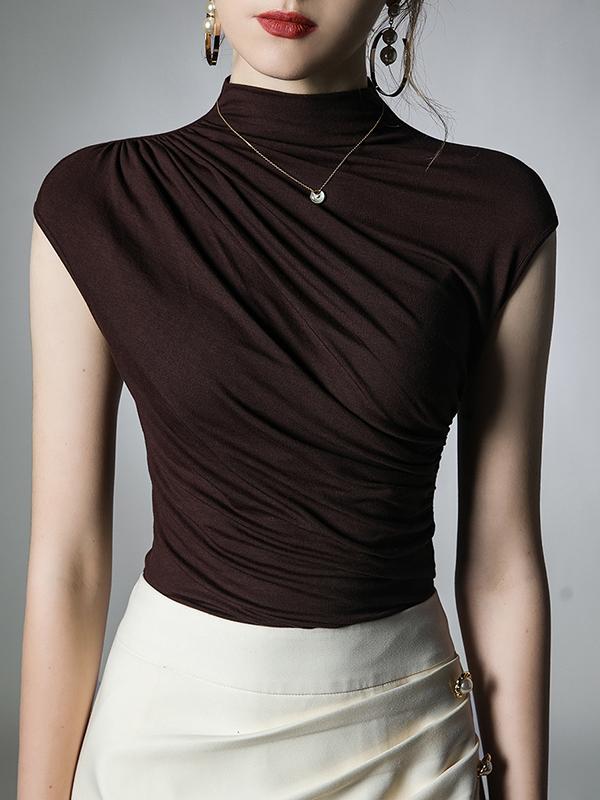 Skinny Pleated Solid Color Mock Neck T-Shirts Tops Product Image