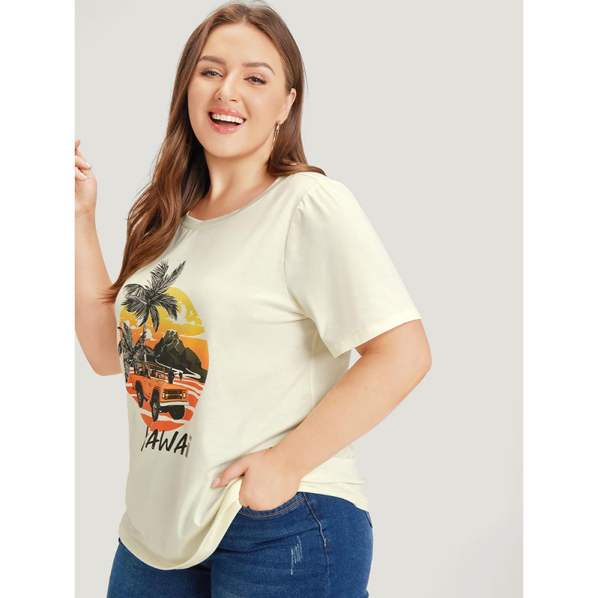 Plus Size Coconut Tree & Car Print Crew Neck T-shirt Beige Women Casual Tropical Dailywear T-shirts BloomChic 12/L Product Image
