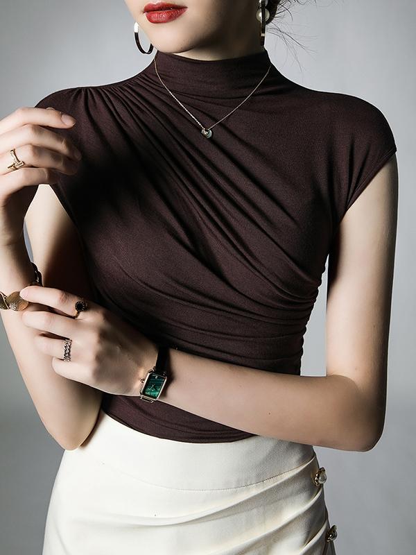 Skinny Pleated Solid Color Mock Neck T-Shirts Tops Product Image