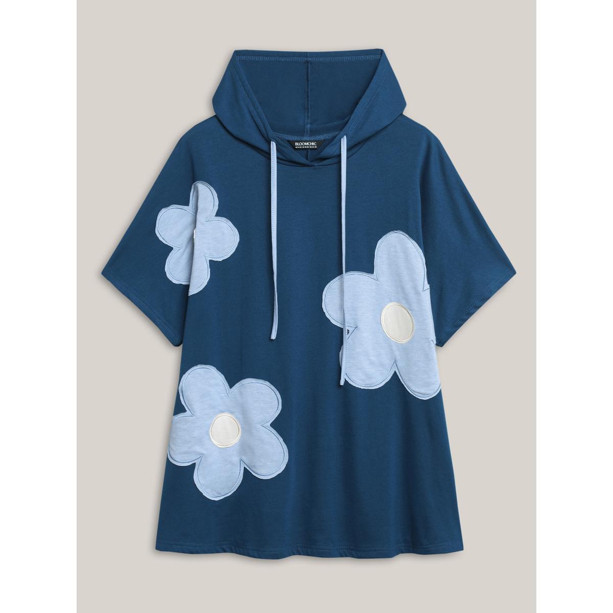 Plus Size Floral Embroidered Patchwork Hooded T-Shirt Indigo Women Contrast Hooded Everyday-Casual T-shirts BloomChic 30/6X Product Image