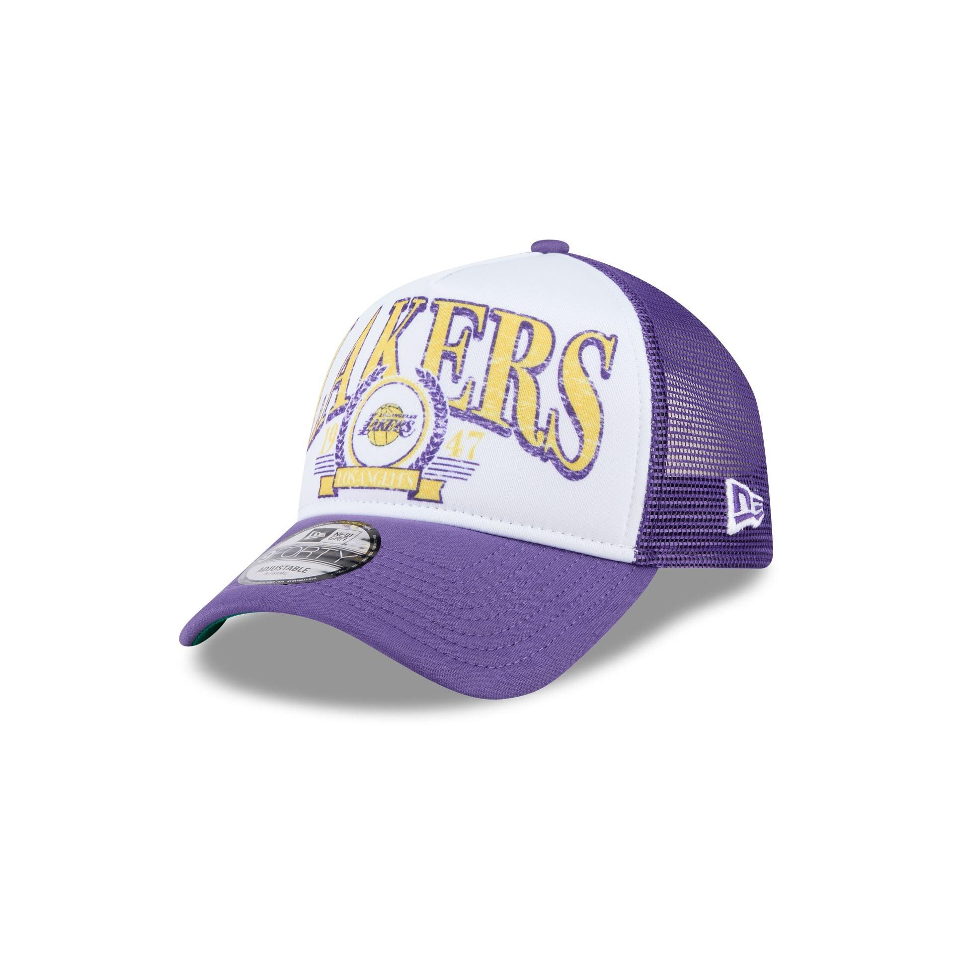 Los Angeles Lakers Distressed 9FORTY A-Frame Trucker Hat Male Product Image