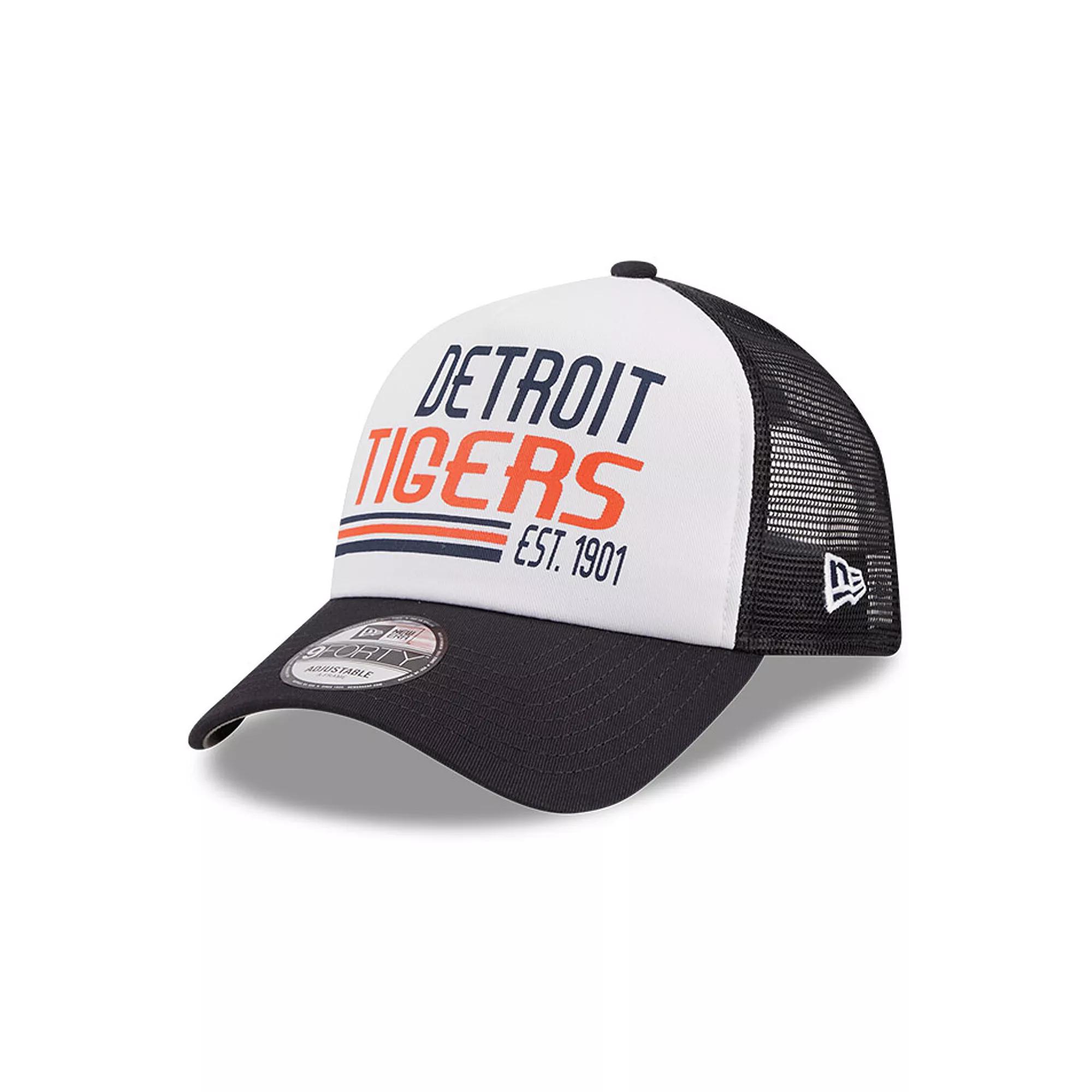 Men's New Era White/Navy Detroit Tigers Stacked A-Frame Trucker 9FORTY Adjustable Hat Product Image
