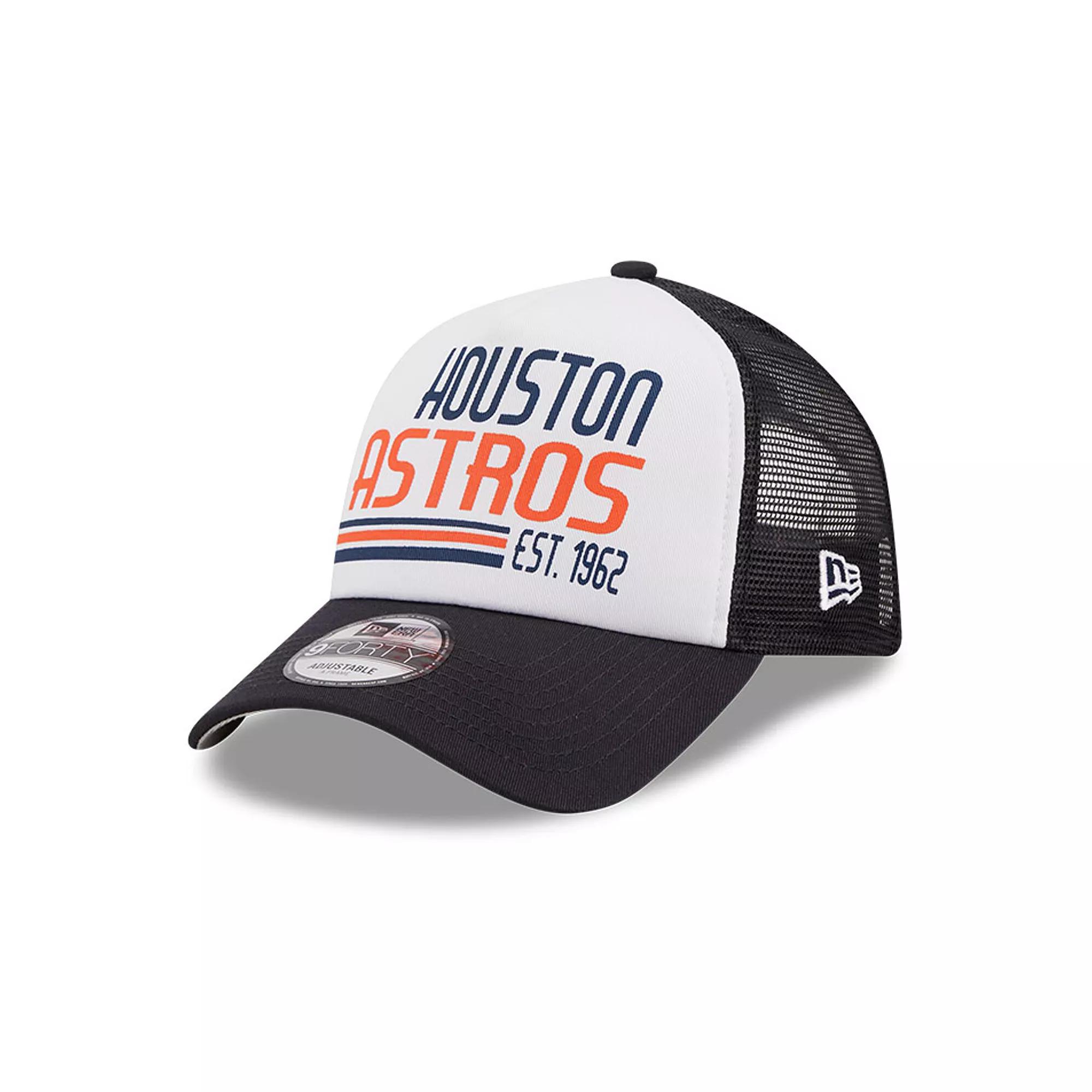 Men's New Era White/Navy Houston Astros Stacked A-Frame Trucker 9FORTY Adjustable Hat Product Image