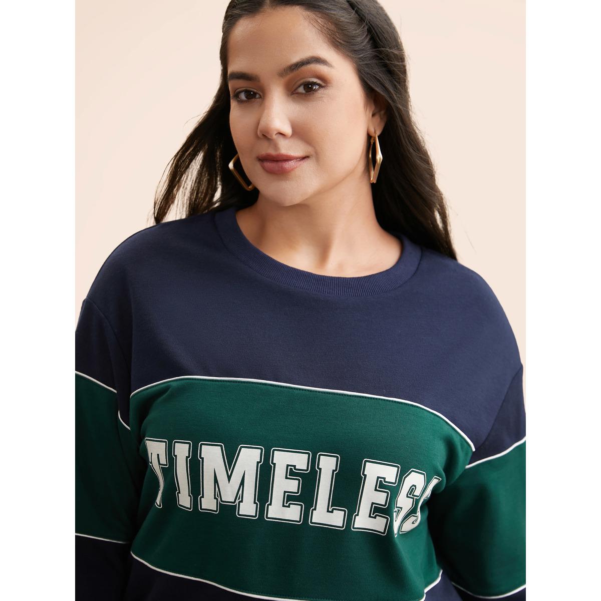 Plus Size Crew Neck Letter Print Contrast Sweatshirt Women Navy Casual Contrast Round Neck Everyday Sweatshirts BloomChic 18-20/2X Product Image