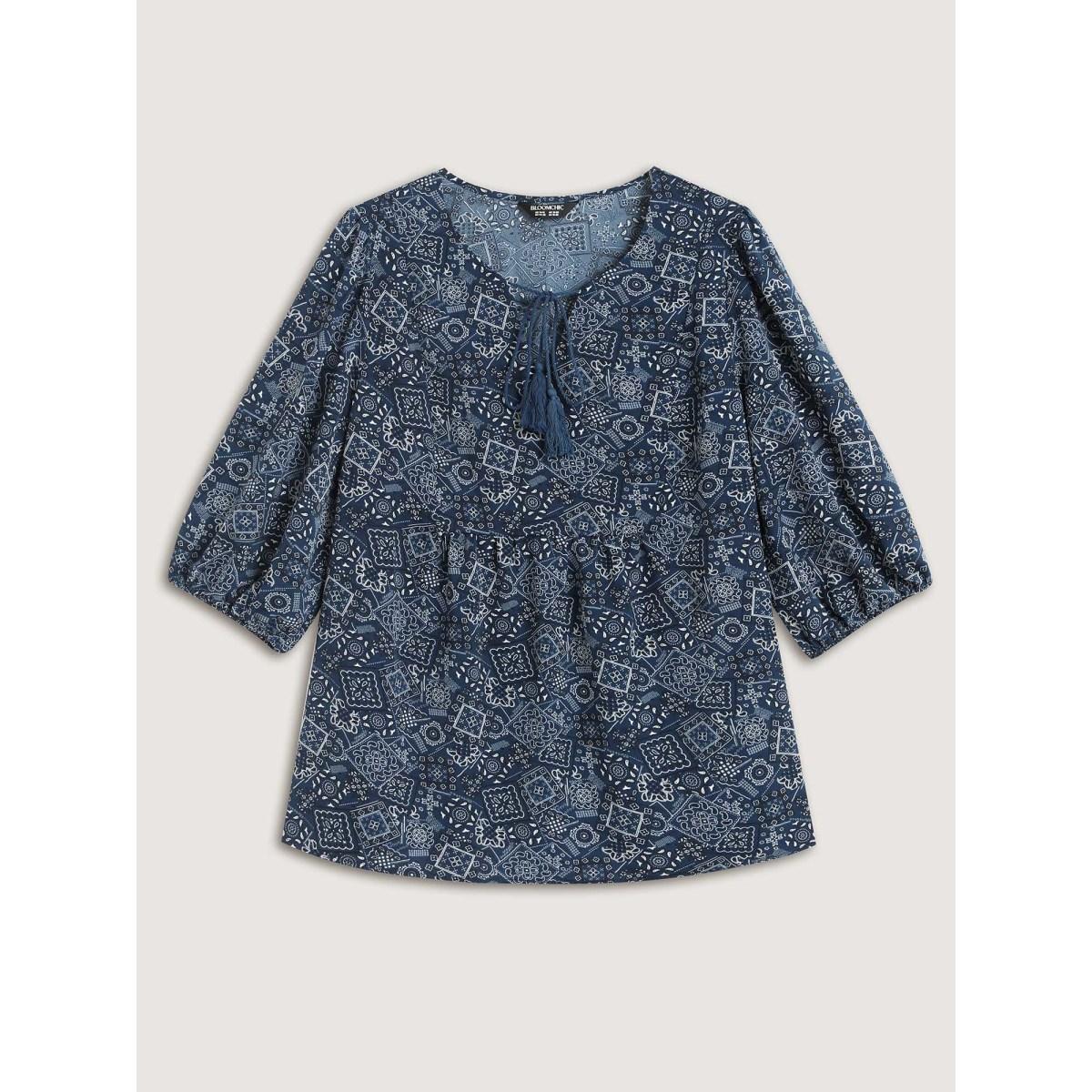 Plus Size Indigo Boho Print Neck Tie Lantern Sleeve Blouse Women Boho Elbow-length sleeve Notched collar Vacation Blouses BloomChic 30/6X Product Image