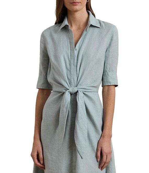 Lauren Ralph Lauren Linen Point Collar Elbow-length Sleeves Tie Front Shirt Midi Dress Product Image